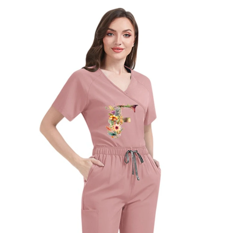 

Thin Quick-Dry Custom Print Scrubs Set Women Tie-Back Short Sleeve Pants Beauty Salon Maternity Center Nurse Uniform