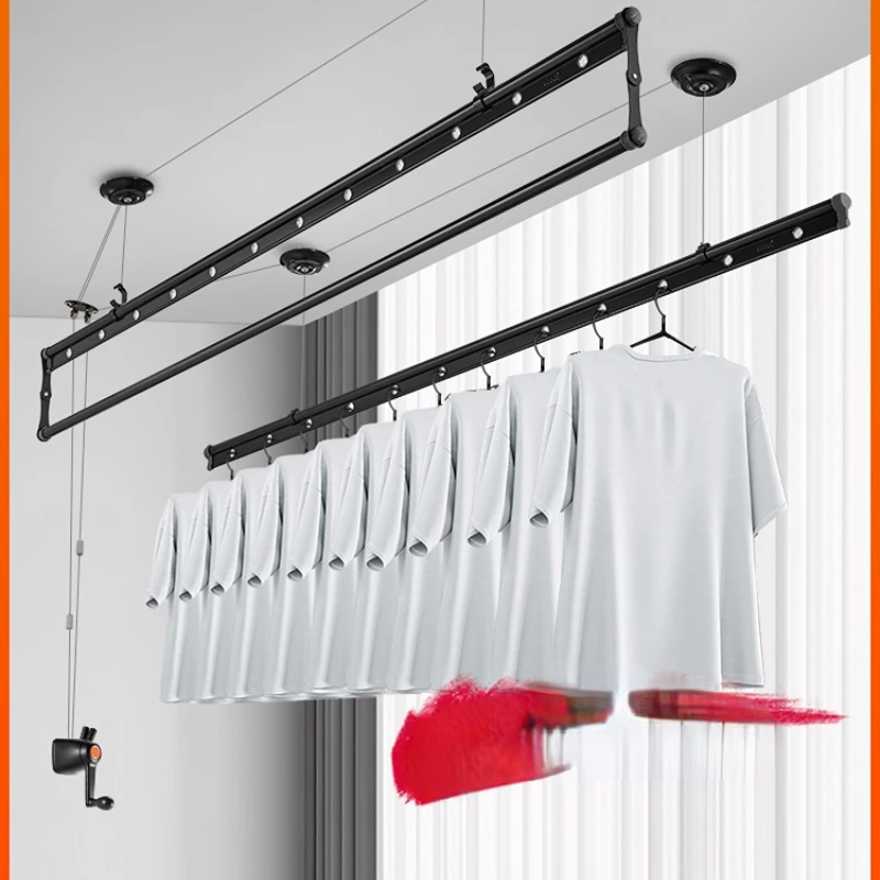 Hand-Cranking Household Clothesline Pole Manual Three Rod Type Hanger Automatic