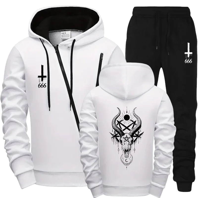Mens Motorcycle Riding Set 2026 Diagonal Zipper Hoodie and Joggers Autumn Winter Satan Print Fashion Streetwear Hooded Tracksuit