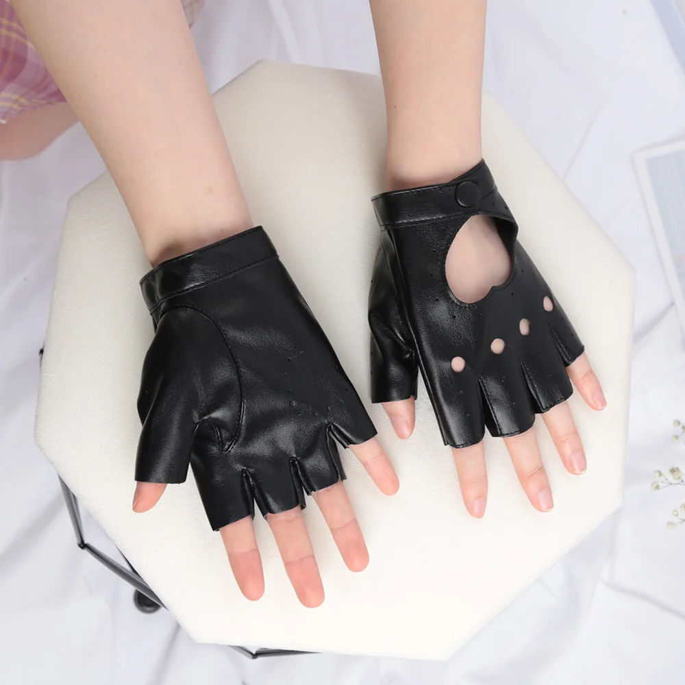 1 Pair Women Punk Hip-hop Five Finger PU Leather Black Driving Show Pole Dance Mittens Fingerless Heart Gothic Party Gloves