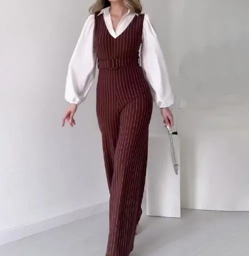 Tuta da donna New Fashion Autunno 2025 Elegante risvolto Contrasto Falso in due pezzi a righe Tute a vita alta per le donne