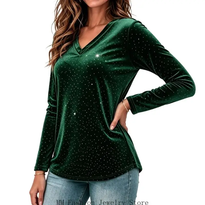 Women's casual V-neck gold long sleeve top