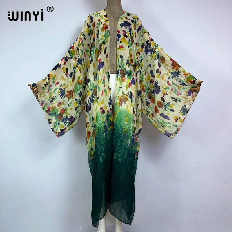 WINYI kimono boho Gradual floral print beach cover-up Elegant coat sexy Africa coat beach outfits for women Perspective cardigan