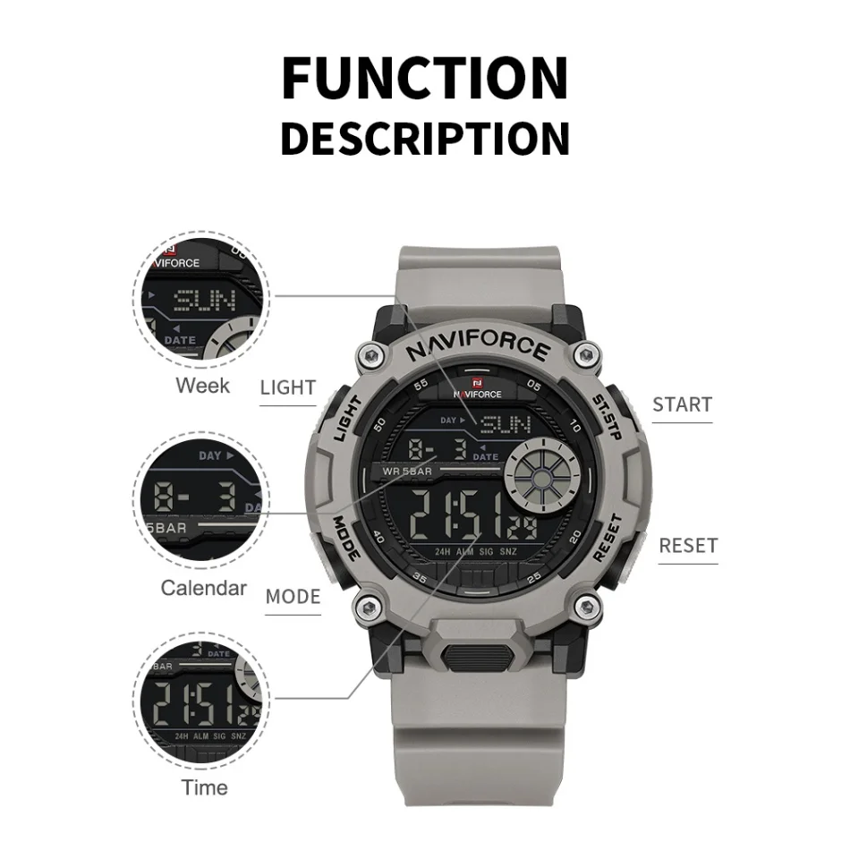 New NAVIFORCE Men's 5ATM Waterproof Sport Casual Watch LCD Display TPU Strap Shockproof Luminous Round Case Watches - view 6