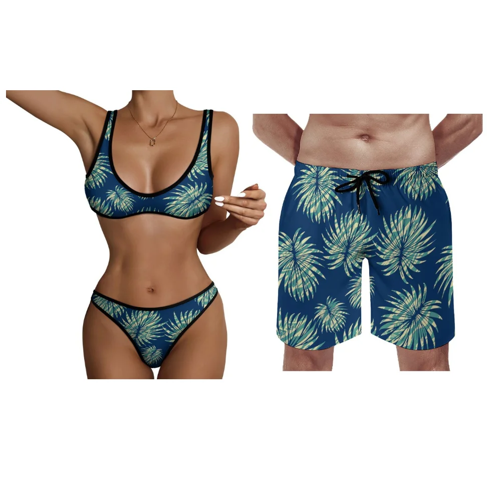 

Полинезийские настраиваемые бикини на одно плечо, женские плавки для серфинга, мужские плавки с принтом пальмового листа, 2025 комплект для тропического курорта