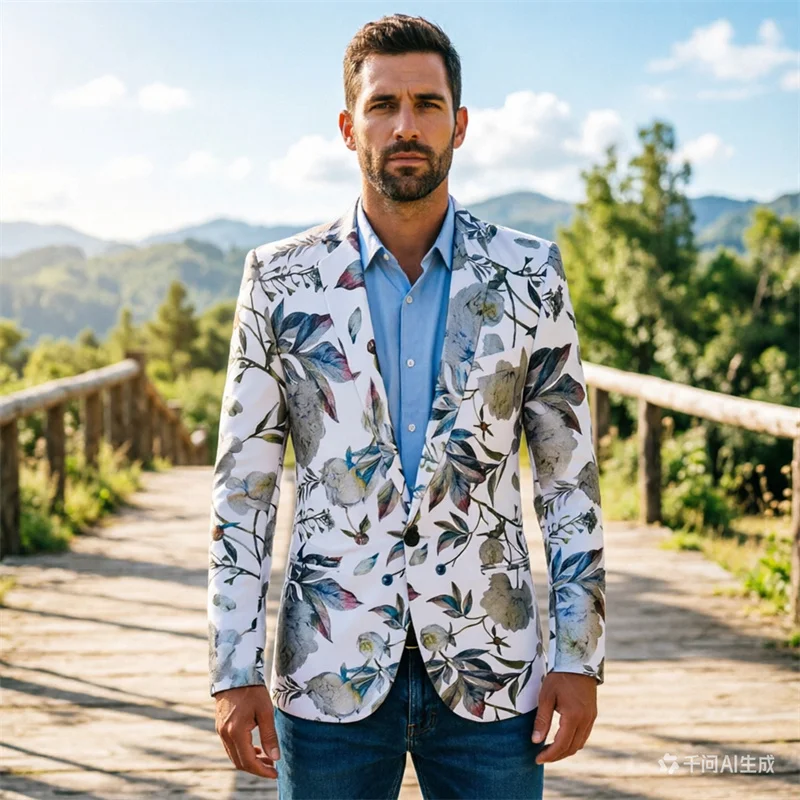 

Мужской пиджак с цветочным принтом, приталенный, модный, однобортный, повседневный, для выступлений в ночных клубах, европейский размер