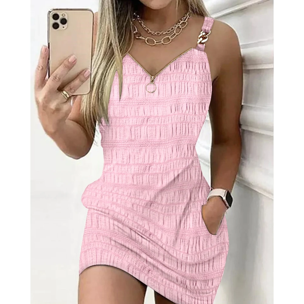 Women Zipper Design Neck Textured Casual Bodycon Mini Dress Summer Sleeveless Pocket Design Female New in Dresses Daily Outfits