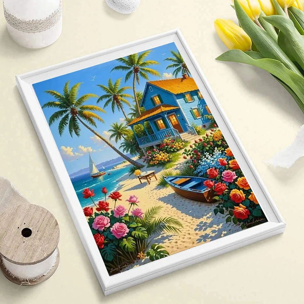 Summer Seaside Coconut Tree Sea View Room 5D Full Circle Diamond Painting set Seaside Sailboat DIYMosaic Embroidery Cross Stitch