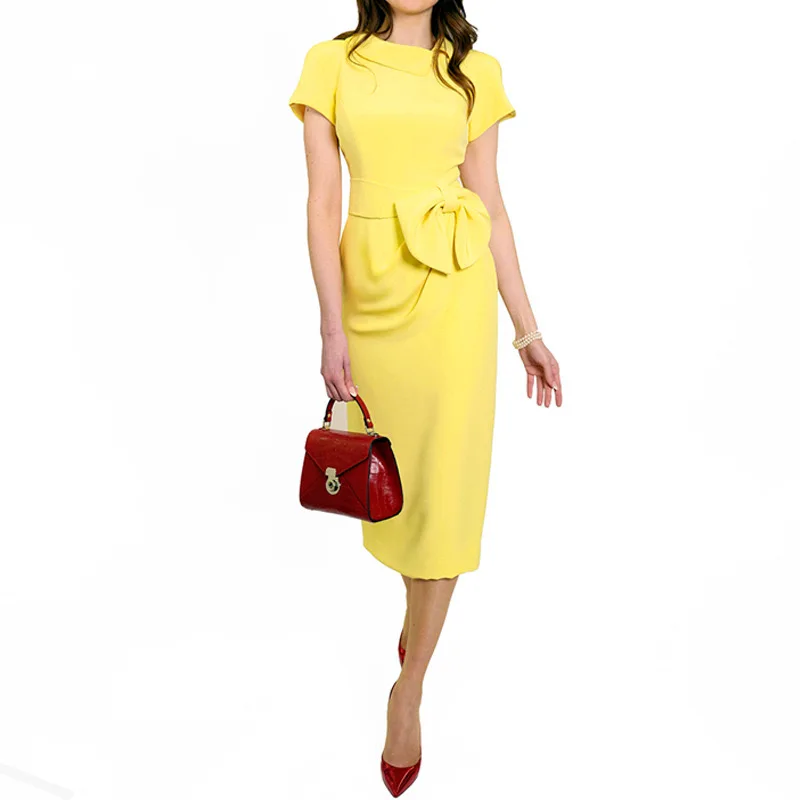 Designer Workplace Runway Sexy Female Spring Summer High Quality Fashion Yellow Girls Sexy Bow Slim Fit Sweet Pencil Midi Dress