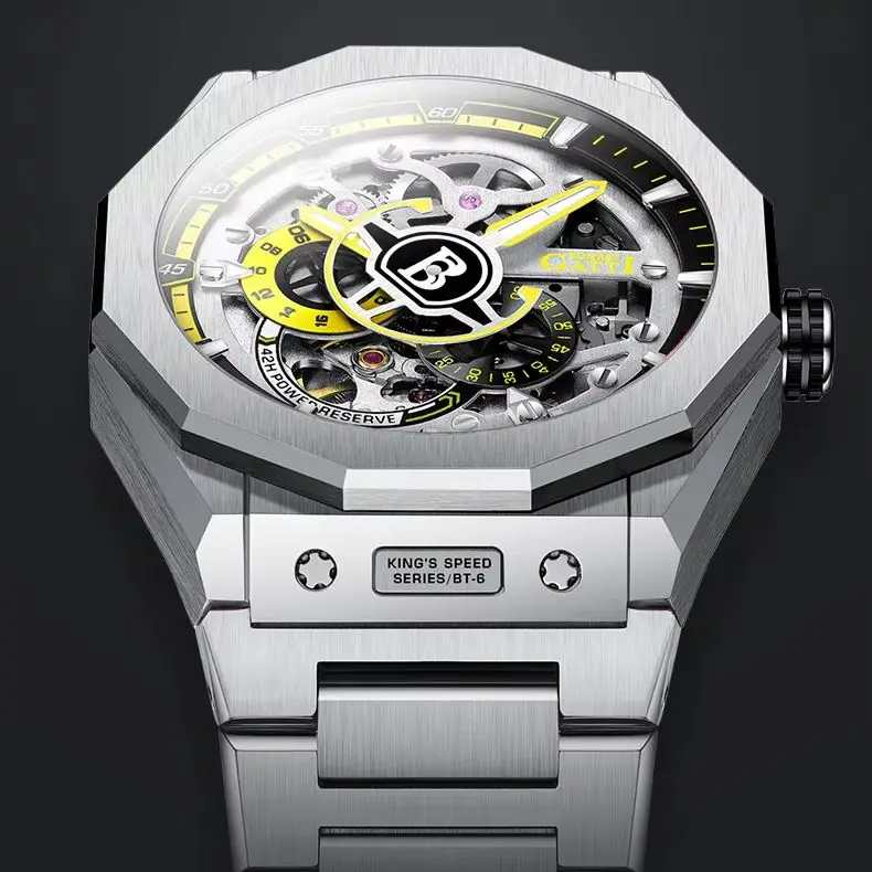 

BONEST GATTI Мужские автоматические часы Роскошные механические наручные часы 42 мм с полым циферблатом 50 м водонепроницаемый светящийся сапфировый стальной ремешок