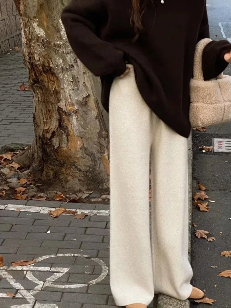 00% Zuivere Wol Gebreide Wijde Pijpen Broek Dames Herfst Winter Vintage Europese Sle Gedrapeerde Uitgebreide Rechte Uitsparing Camere F...