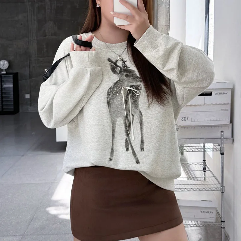 

Fashion Plus Size Women's Hoodies Premium Casual Autumn Loose Round Neck Deer Print Sweatshirt 9285