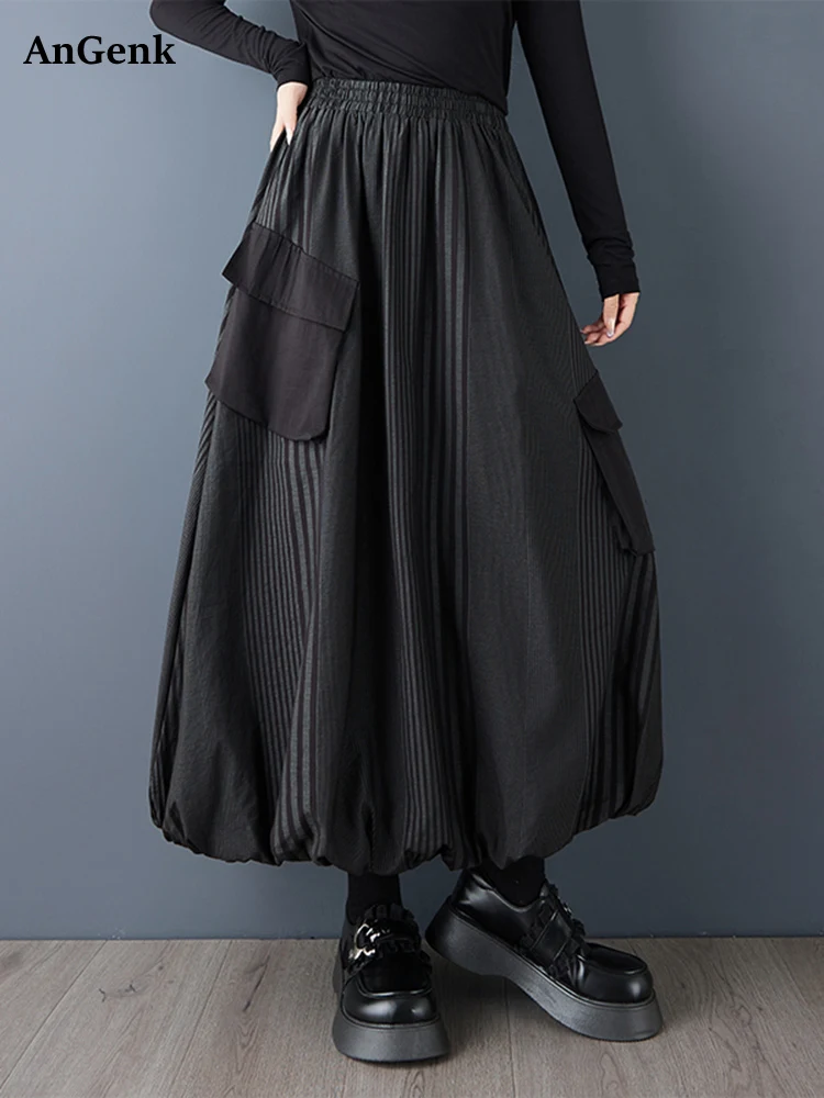 

2025 Spring Autumn New Black Vintage Stripe High Waist Skirt Women Plus Size Fashion Pocket Loose Casual Midi Skirts Clothing