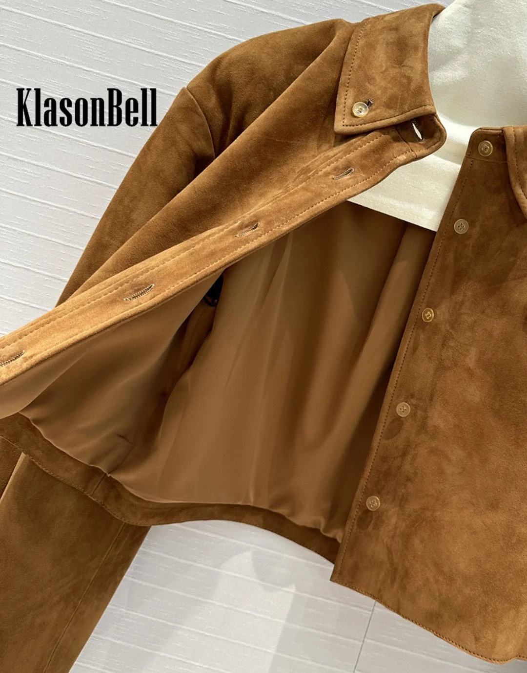 7.11 KlasonBell Women\'s Fashion Letter Embroidery Turn-down Collar Cow Suede Jacket 100% Sheepskin Short Outerwear