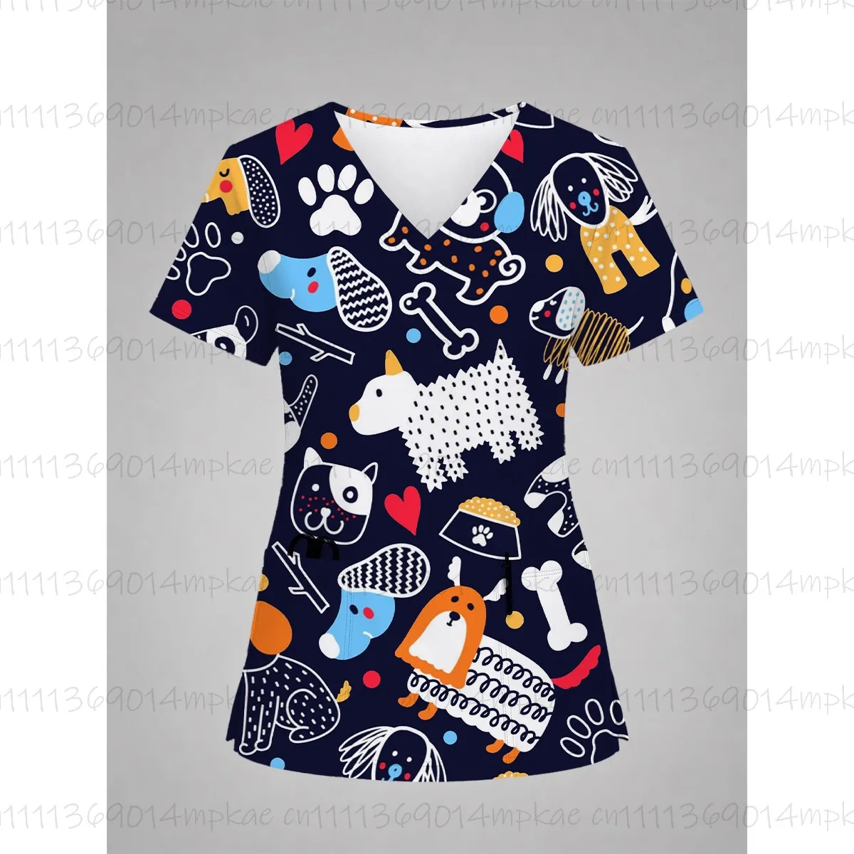 Summer Nurse Uniform for Women, Cute Animal Print V-Neck Surgical Gown with Pockets, Dental Clinic/Cosmetic Surgery Dress