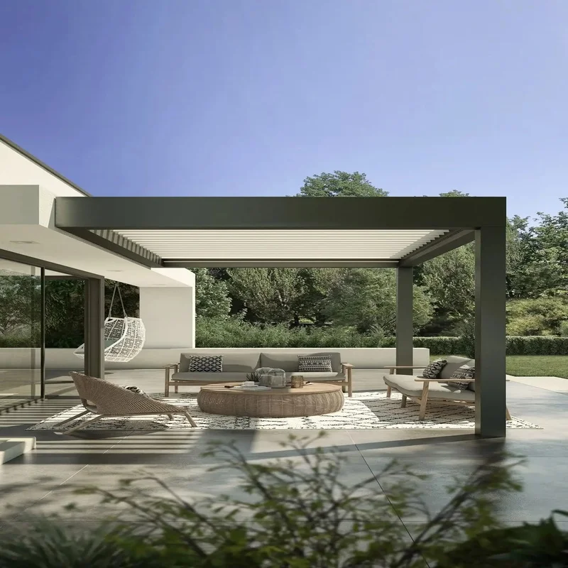 

Retractable Aluminum Louvered Pergola Motorized Electric Garden Pavilion with Remote Control, Multiple Shading Scenarios