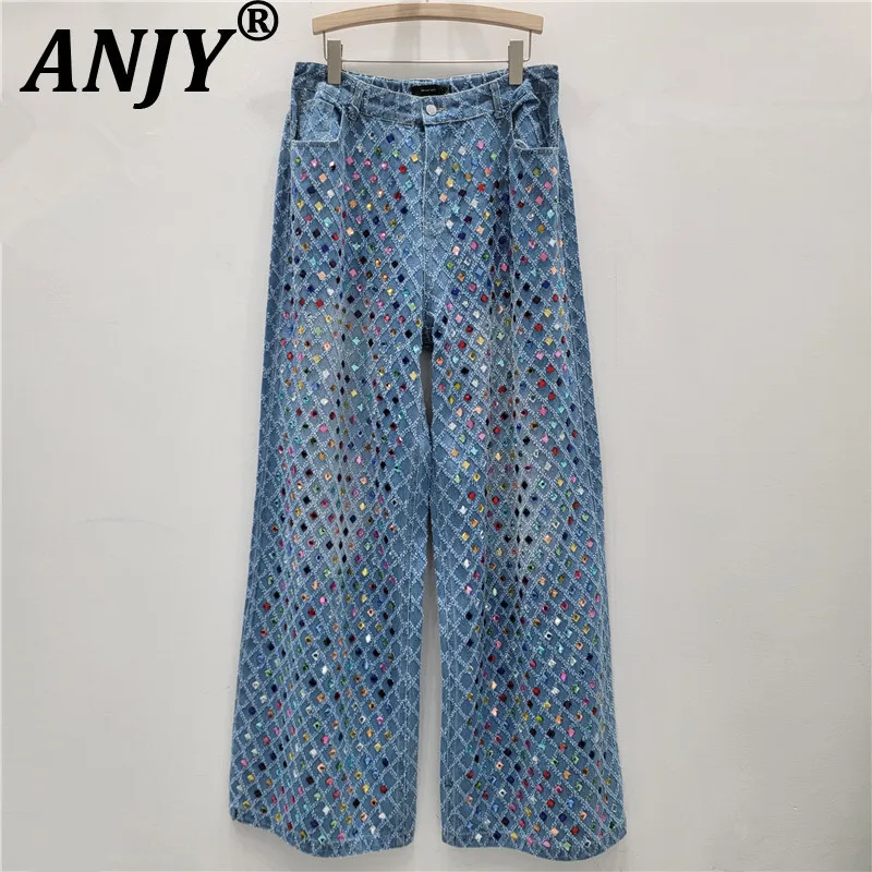 ANJY Herfst Winter Nieuwe Vrouwen Mode Bezaaid Diamanten Argyle Temperament Rechte Jeans Ins High-End Afslanken Denim Broek A15510