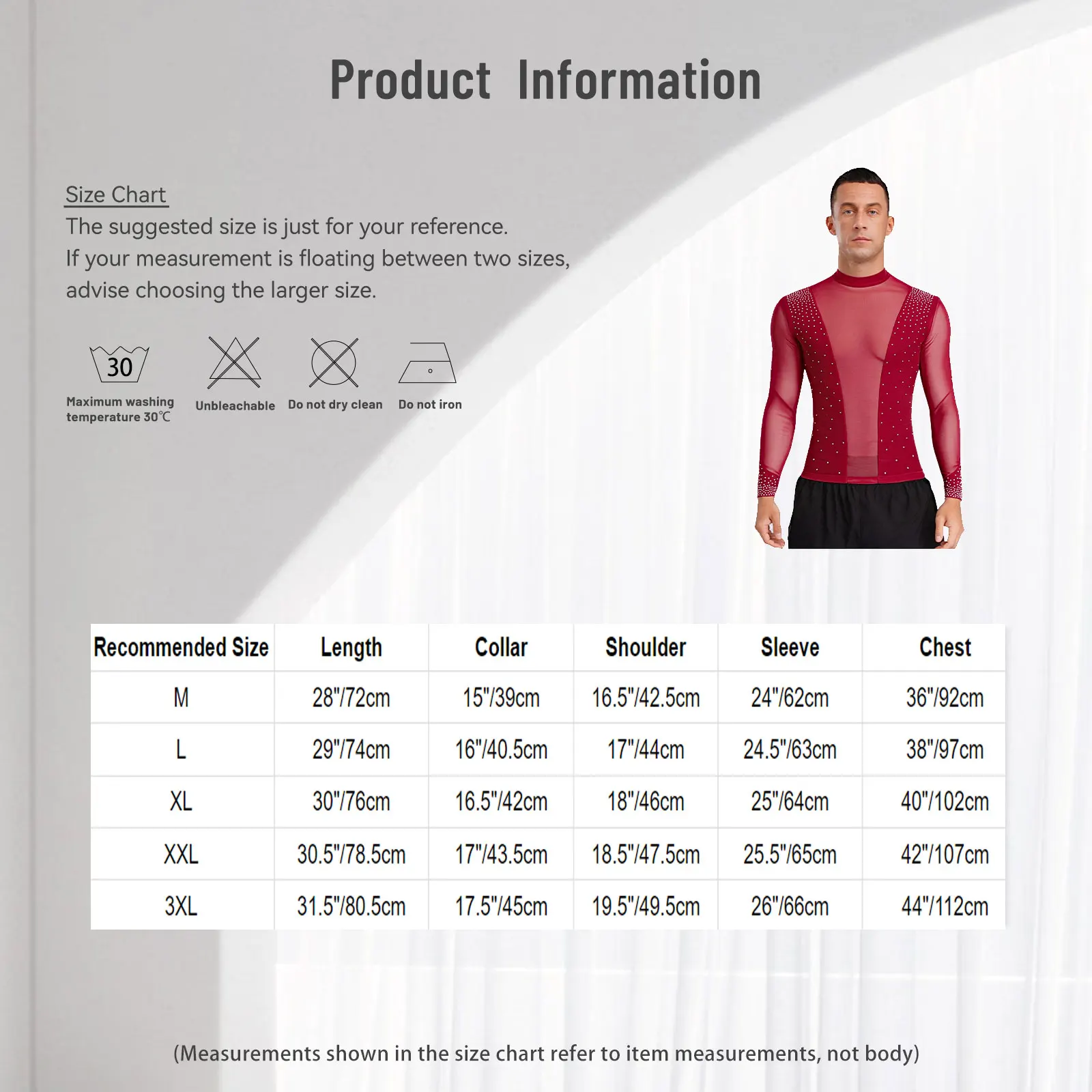 Top de baile latino para hombre, camiseta de manga larga con cuello simulado y diamantes de imitación brillantes de malla transparente, blusa para escenario de Ballet Chacha Tango