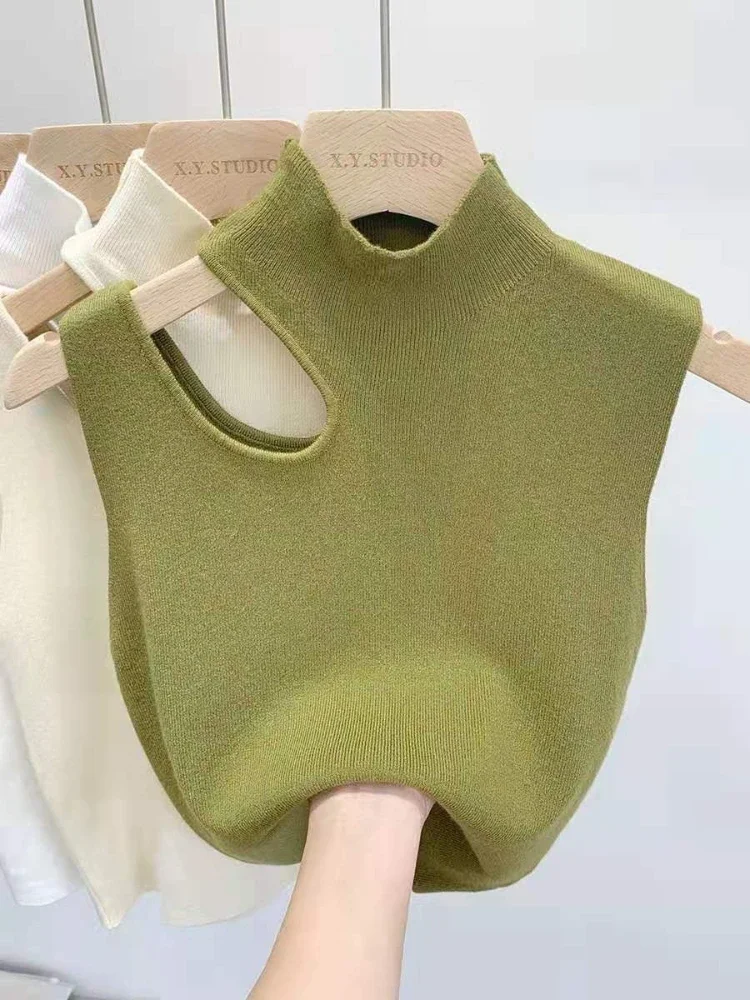 

Women Knitted Tank Top Summer Fall Slim Sweater Short Sleeveless Solid Summer Sweaters Hollow Out Pullovers 2025