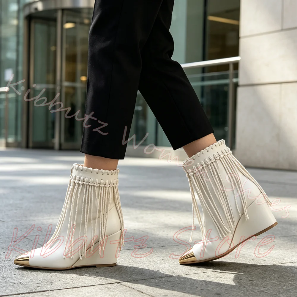Ankle Boots Metal Toe Cap Tassel Fringe Pointed Toe Wedge Women High Heel Western Fashion Shoes Leather Patchwork Elegant Sexy
