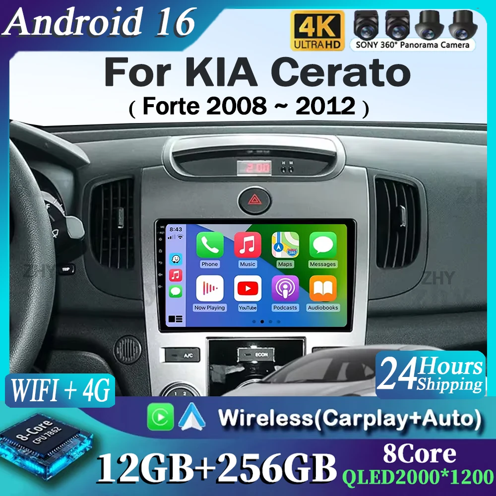 

Для KIA Cerato Forte 2008 2009 2010 2012 2K 12+256 QLED Android 16 CarPlay Автомагнитола Мультимедийный Видеоплеер GPS Стерео Головное устройство 4G