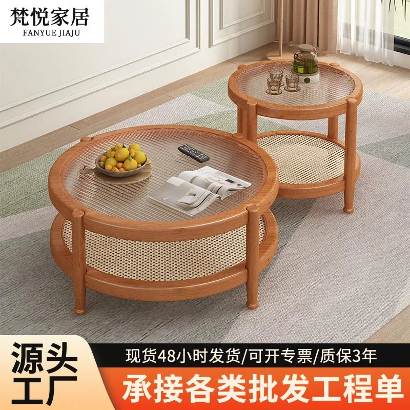 Nordischer Massivholz-Couchtisch für Wohnzimmer, Mietwohnungen und Pensionen, Glas-Teetisch, schlicht, rund