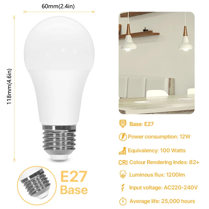 LED 전구 E27 에디슨 나사 전구, 100W, 12W, 1200lm, 웜 화이트 3000K 쿨 화이트 6500K 전구, 6 팩