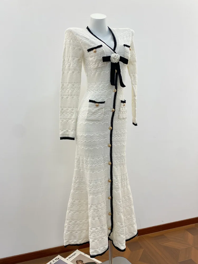 ZJYT Autumn Fashion Women's Knitted Sweater Dresses Long Sleeve Color Block 3D Floral White Midi Party Evening Dress Elegant - view 6