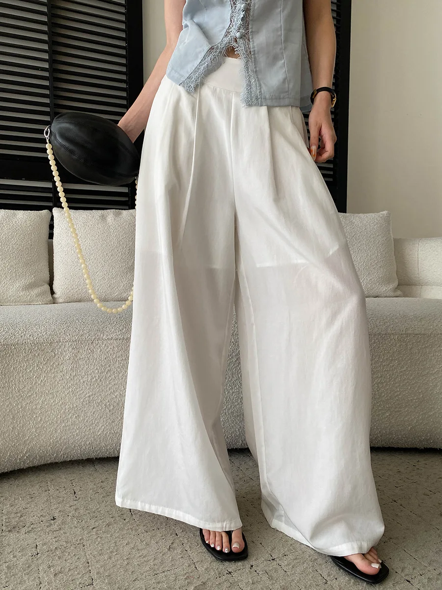 Sommerliche Damen-Freizeithose in Uni-Farbe, halb elastisch, hoher Bund, locker geschnitten, weites Bein – Detail 30