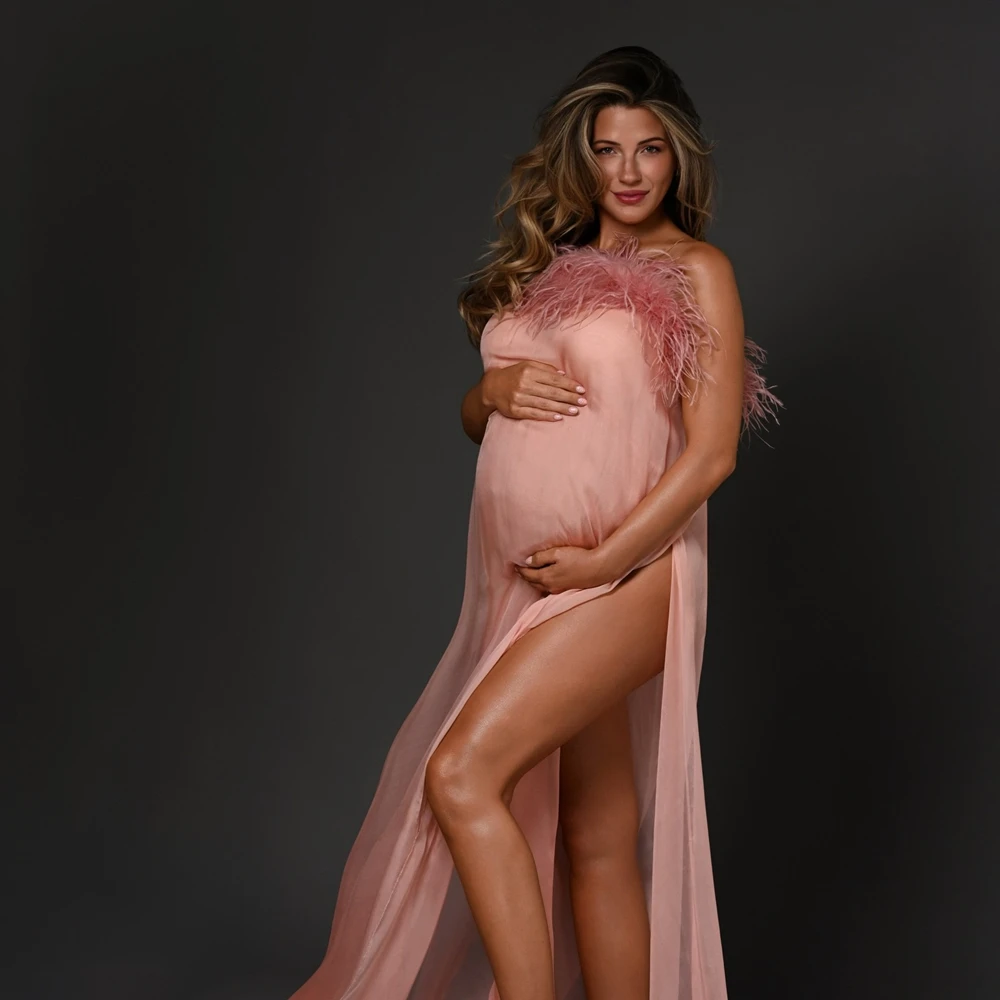 

Elegant Feather Maternity Dress for Photo Shoot Sexy Slit Pregnant Women Gown Photography Props Studio Pregnancy Outfits