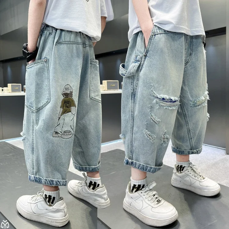 2026 Summer New Boys Ripped Denim Capri Pants Handsome Loose 7/8 Length Shorts Fashion Jeans for Teen Kids