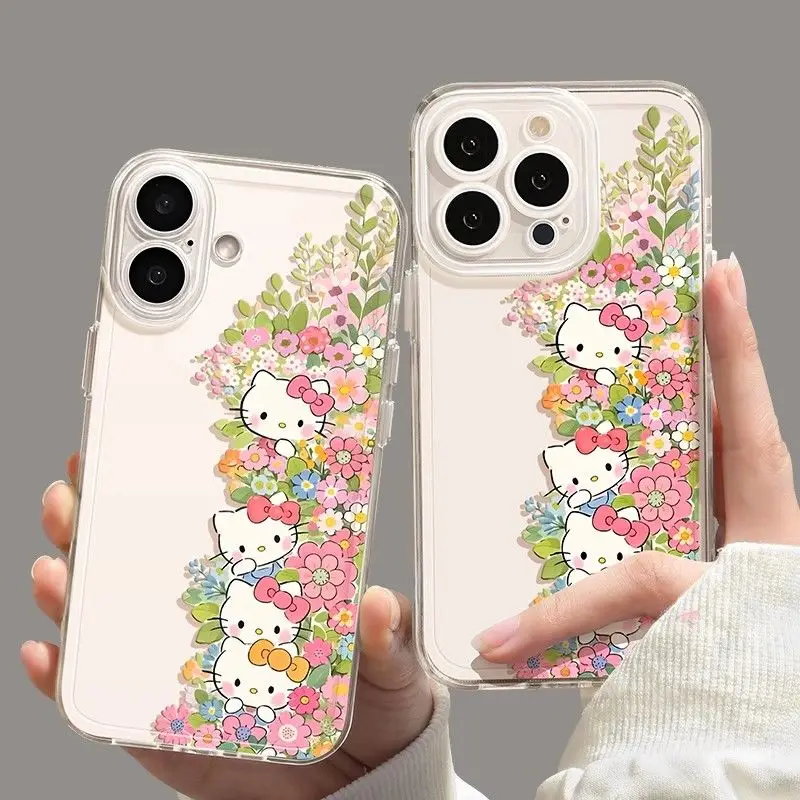 

Sweet Hello Kitty Anime Kawaii Sanrio Flower iPhone16 Promax Cover Cute Apple 15pro Phone Case Soft Gifts Toys for Girls