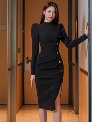 New Spring Autumn Elegant Women Evening Dress Professional Formal O-Neck Folds Slim Midi Dresses Street Clothe Mujer Vestidos