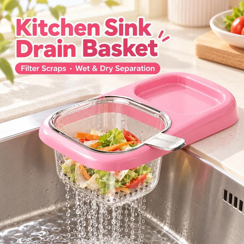 Kitchen Sink Drain Basket Suction Cup Food Waste Strainer Wet Dry Separator Sponge Brush Storage Holder for Kitchen Sink