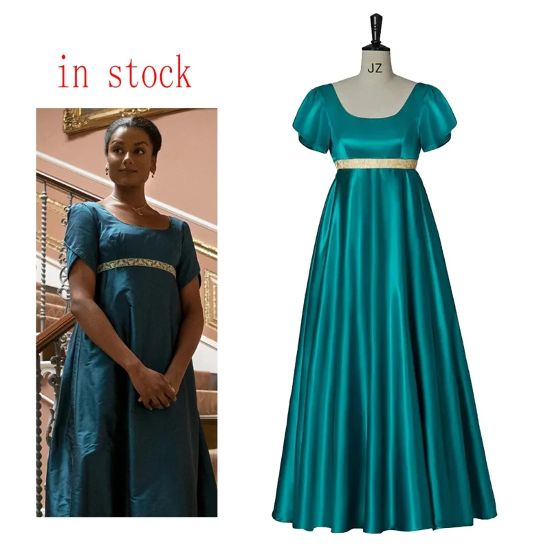 (En stock) vestido de cosplay de Kate Sharma, vestido de Regencia de Jane Austen, disfraz de fiesta de té de Kate Sharma, vestido de satén azul, disfraces de Halloween