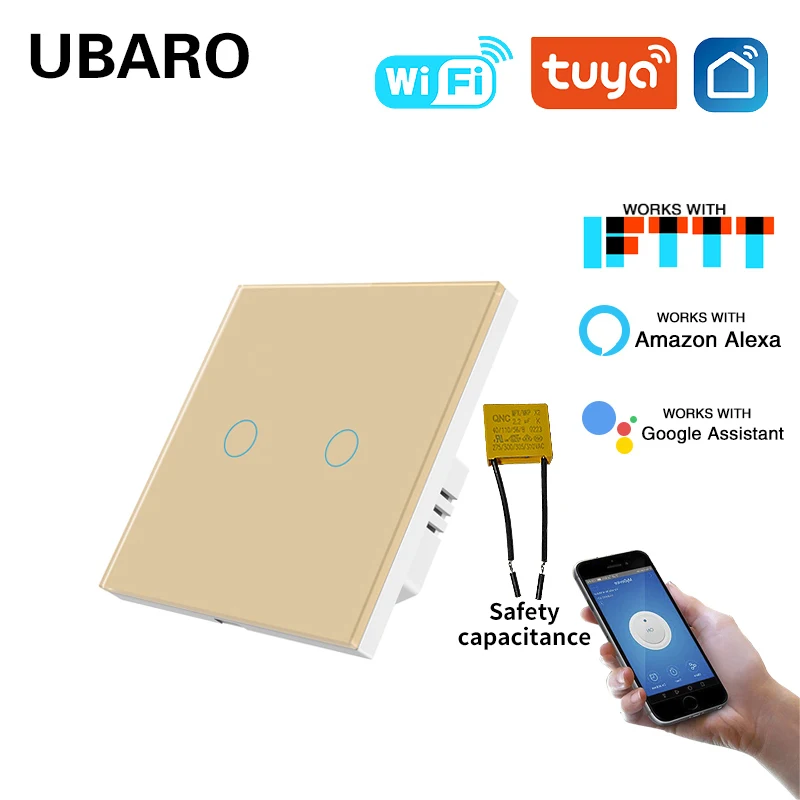 UBARO Tuya Smart WIFI en casa interruptor de luz de pared 2 entradas funciona con el asistente de Google Amazon Alexa Yandex Alice Sensor de Control de voz