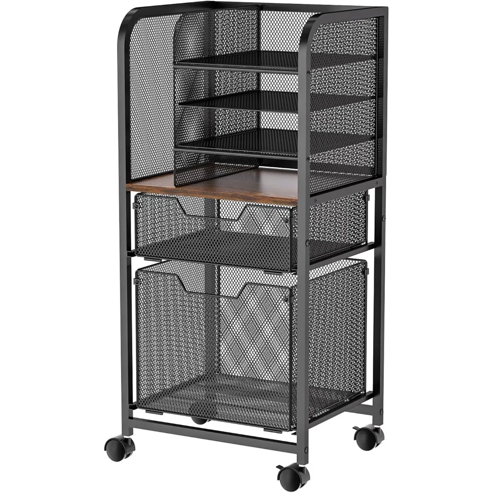

6-Tier Rolling File Cart with 2 Drawers, File Cabinet Organizer for Hanging File Folders, Letter-Size File Storage with Wheels,