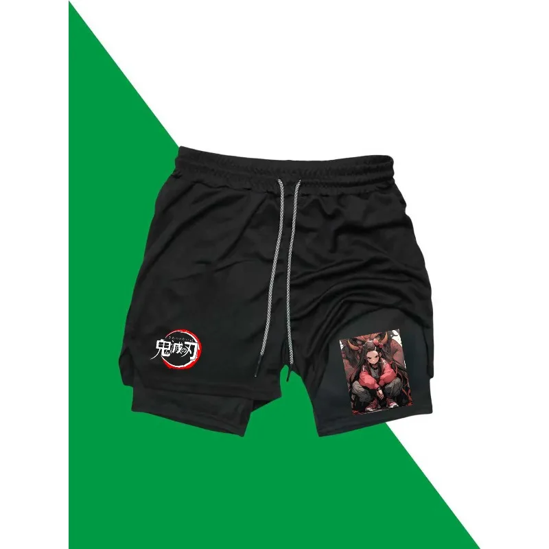 

Kamado Nezuko Print 2in1 Running Shorts Men Gym Workout Compression Shorts with Phone Pocket Summer Sport Athletic Activewear