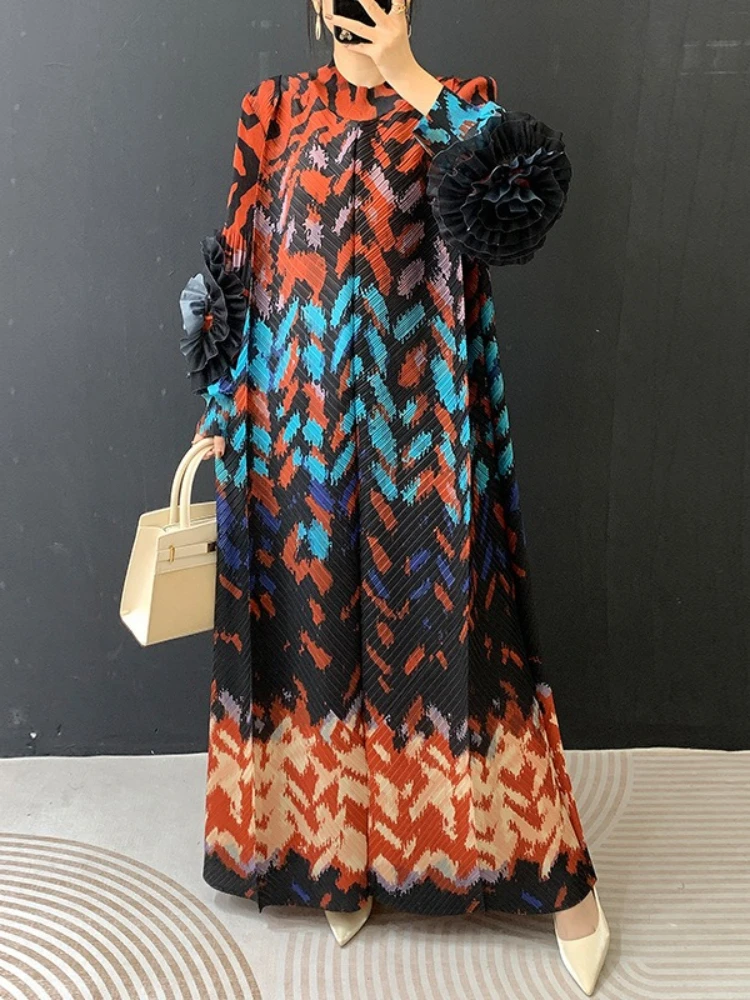 ANLAN Women's Pleated Maxi Dress Ruffled Sleeve Geometric Print Purple Loose Dresses Casual Party Fashion 2026 Spring New 3AN591