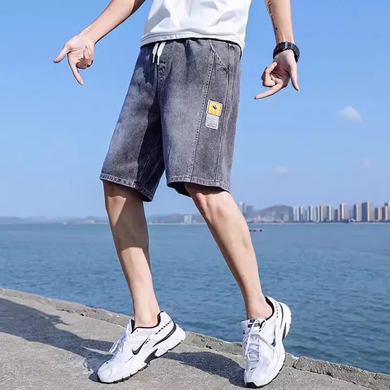 

Trendy Men's ort Jeans Summer Thin Five-Point Pants Casual Loose Fit Straight Leg Cool Feeling Dstring Waist Mid-Waist
