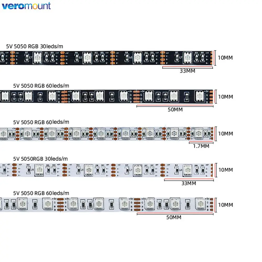 5m DC 5V 5050 RGB Flexible LED Strip TV Background Wall Colorful Soft KTV Tape Party TV 30LEDs/m 60LEDs/m Black White 10mm PCB