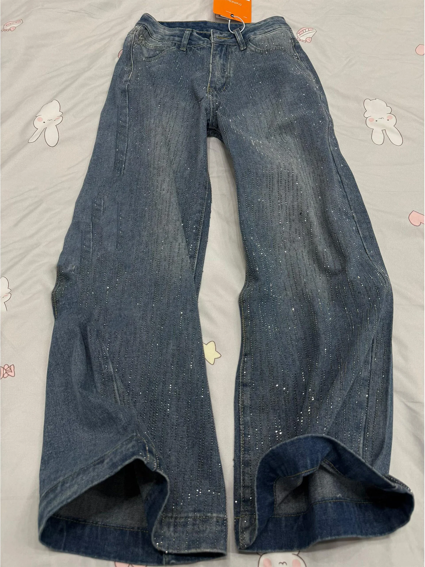

Shiny Diamond Embedded Wide Leg Straight Cut Jeans Women's Retro American Vintage Flashing Denim Pants Casual High Waist Spri...