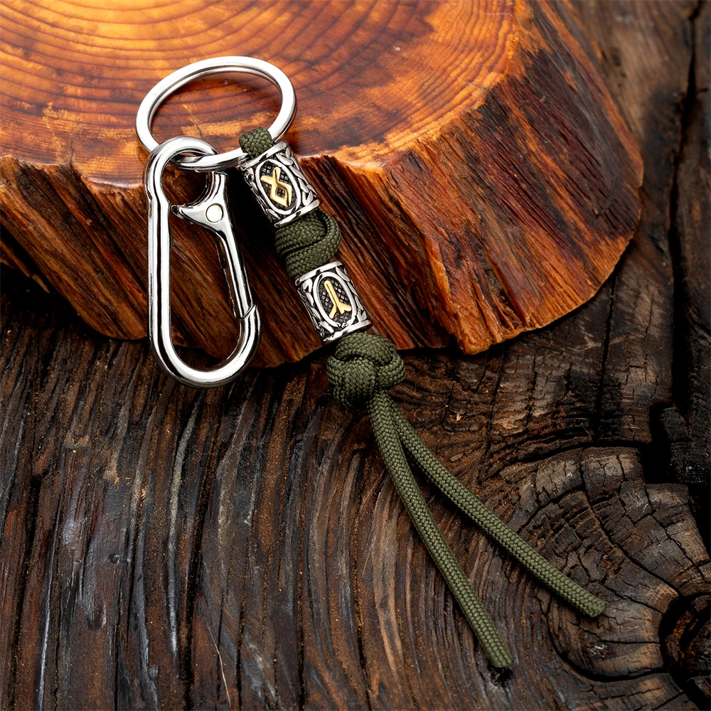Men Viking Lanyard Keychain Stainless Steel Norse Rune Bead Woven Survival Rope Knife Car Keyring Pendant Retro Handmade Jewelry