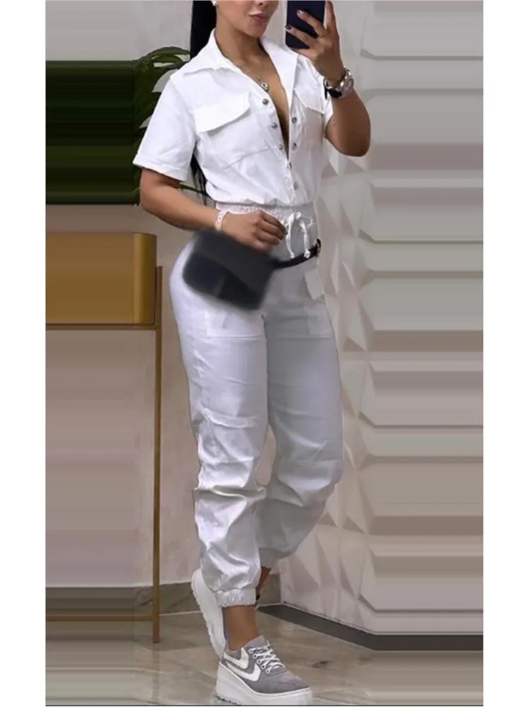 

Женский тонкий комбинезон-карандаш, модный комбинезон-карго с короткими рукавами и карманами, с отложным воротником, эластичной резинкой на талии, на шнурке, с манжетами