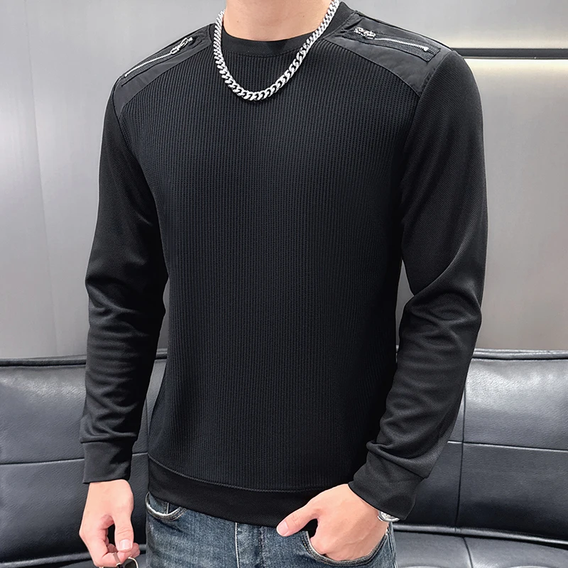 Patchwork Designer T Shirts For Men Long Sleeve High Street Slim Autumn Quality Polyester Breathable Fashion Camisetas De Hombre