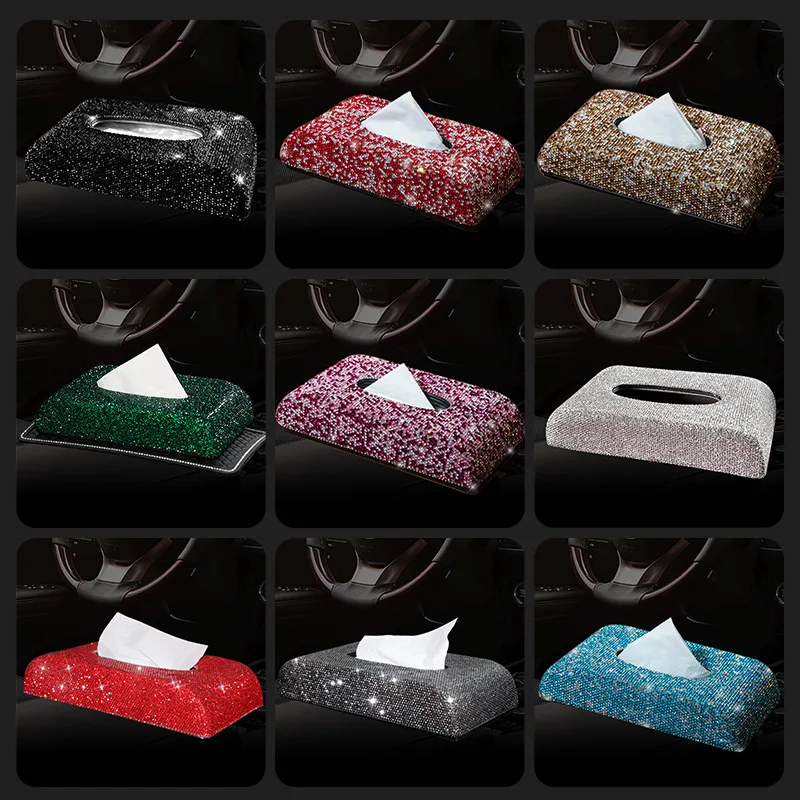 Imagem -02 - Sparkling Rhinestone Car Tissue Box Caixa de Armazenamento Suporte de Papel Organizador de Guardanapo Decoração Auto Acessórios