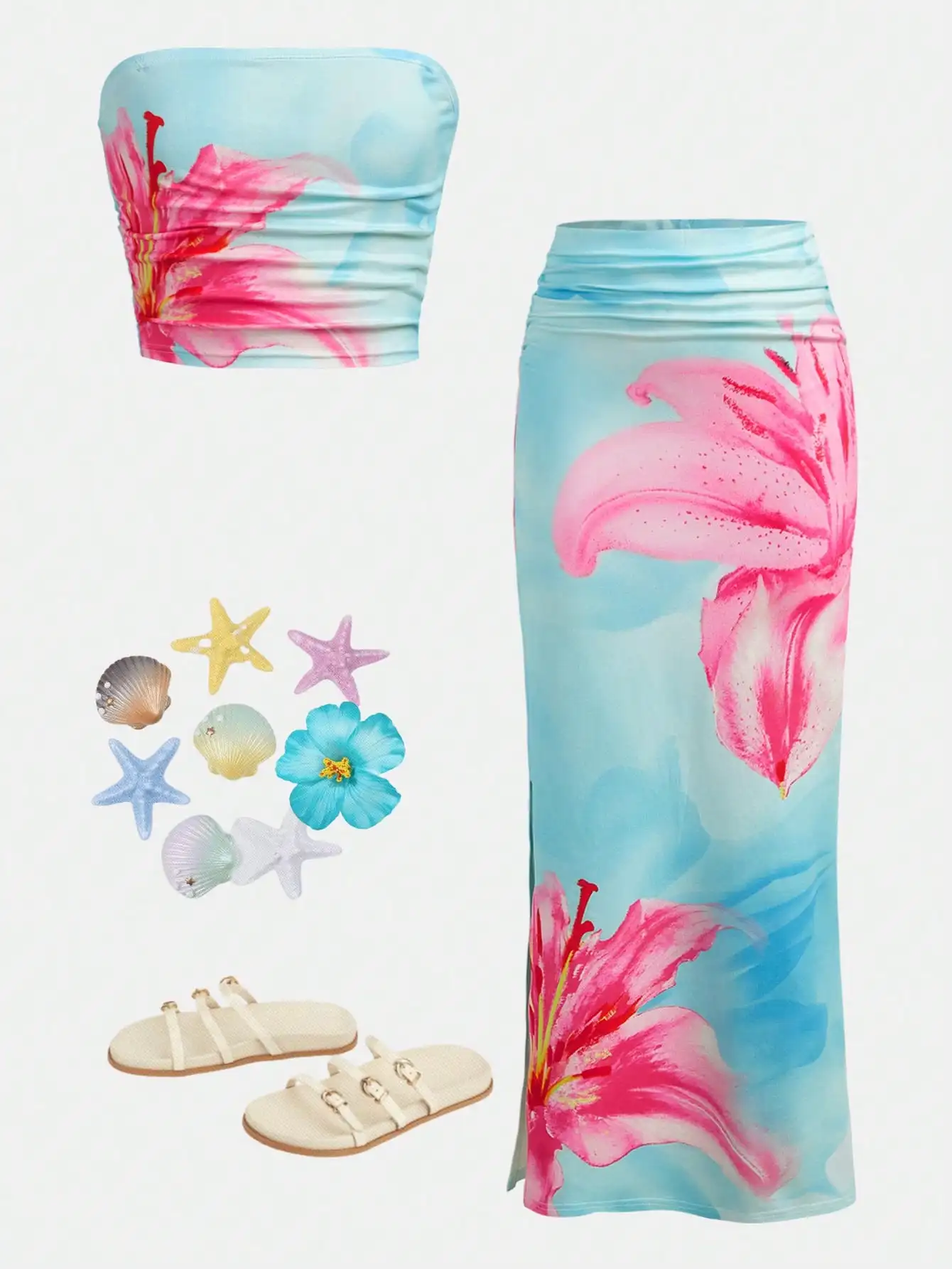 Girlism Conjunto de 2 piezas de top de tubo de punto con estampado floral y falda larga para niñas adolescentes, color azul claro, para verano, vacaciones tropicales, vacaciones en Hawái, conjunto familiar a juego, uso diario