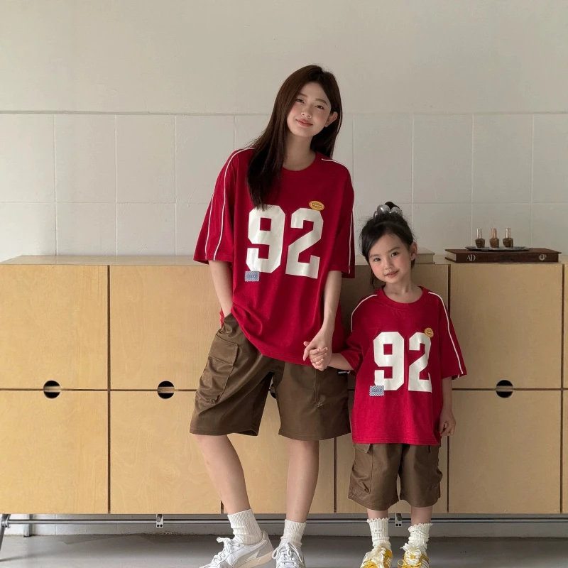 Family Matching Outfits 4 Persons Number Print Short Sleeve T‑Shirt Mom Dad Kids Crew Neck Loose Tee Summer Korean Style Tops