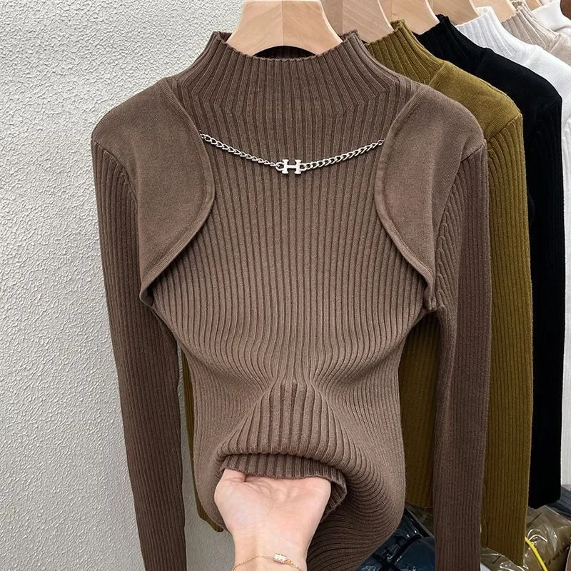 Neploe 2024 Autumn New Half-high Collar Chains Sweaters Mujer Slim Fit Bottoming Tops Women Y2k Long Sleeve Knitted Pullover