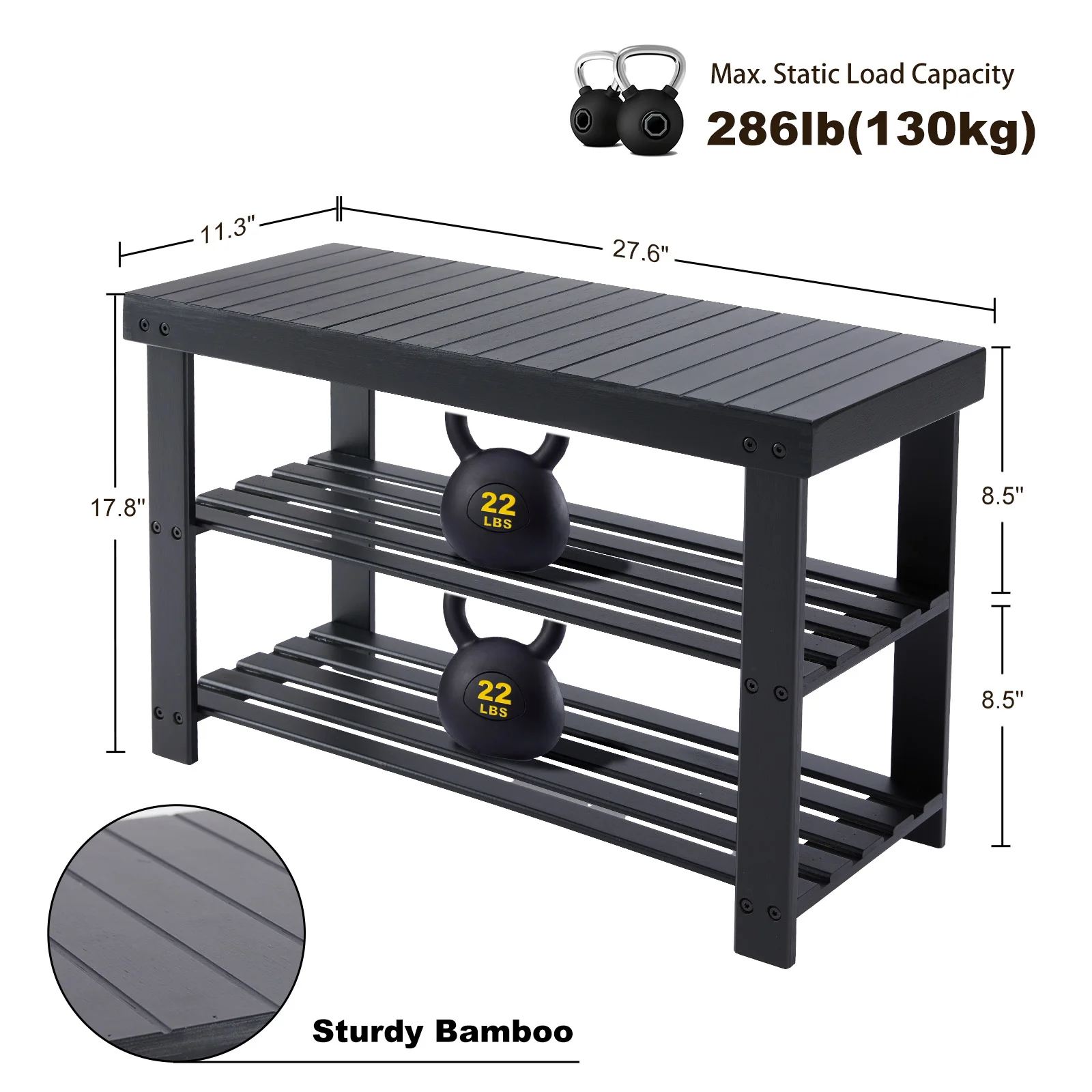 JHK Living Room 3-Tier Bamboo Shoe Rack Bench Holds Up to 286 lb Storage Organizer Easy Assemble Suitable for Bedroom Balcony ﻿